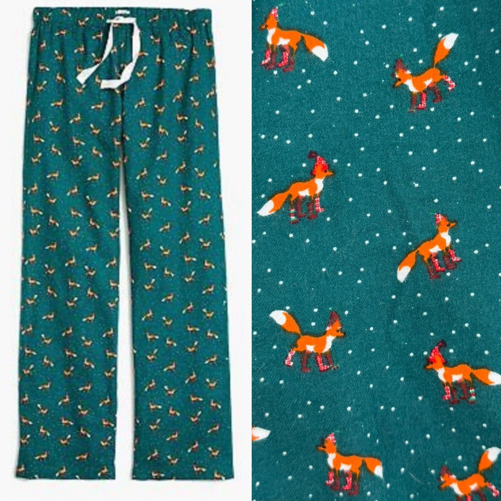 J.Crew Pajama Pants Women XS Green Excellent Flannel Fox Print F8320